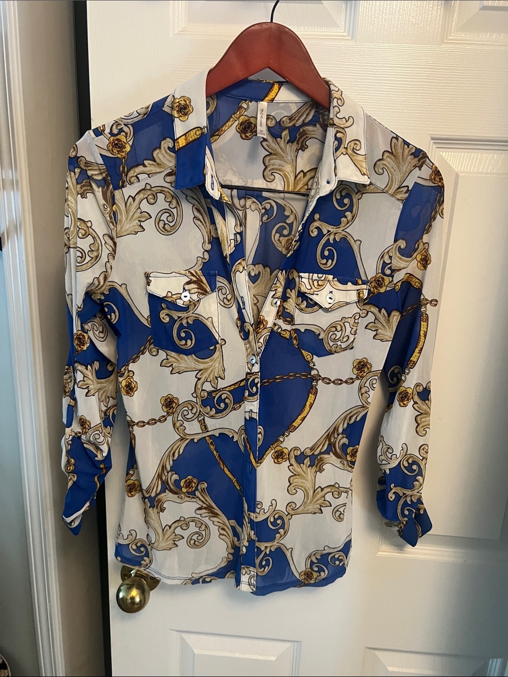 Blue and White Baroque Print women’s Shirt